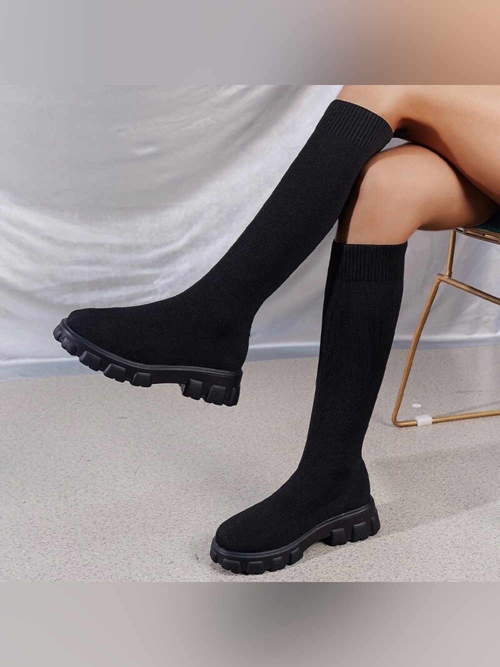 Knee-High Knit Platform Boots - Black